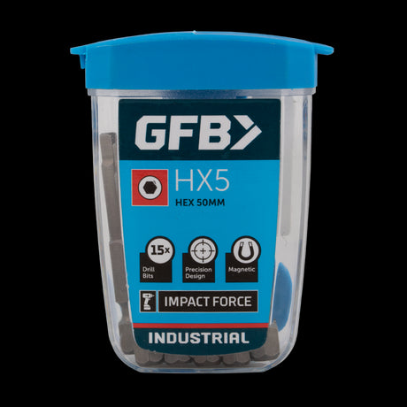 GFB 5mm hex bits in a 15-pack, designed for durability and precision in various applications, compatible with electric and hand screwdrivers.