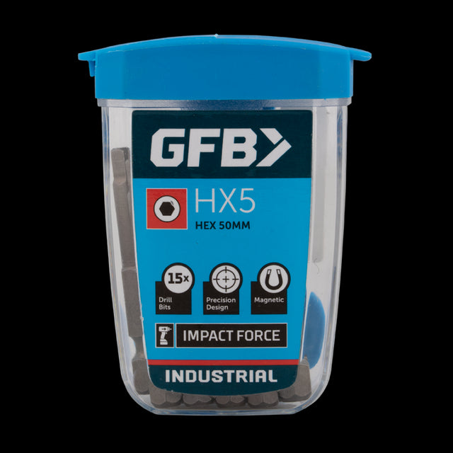 GFB 5mm hex bits in a 15-pack, designed for durability and precision in various applications, compatible with electric and hand screwdrivers.