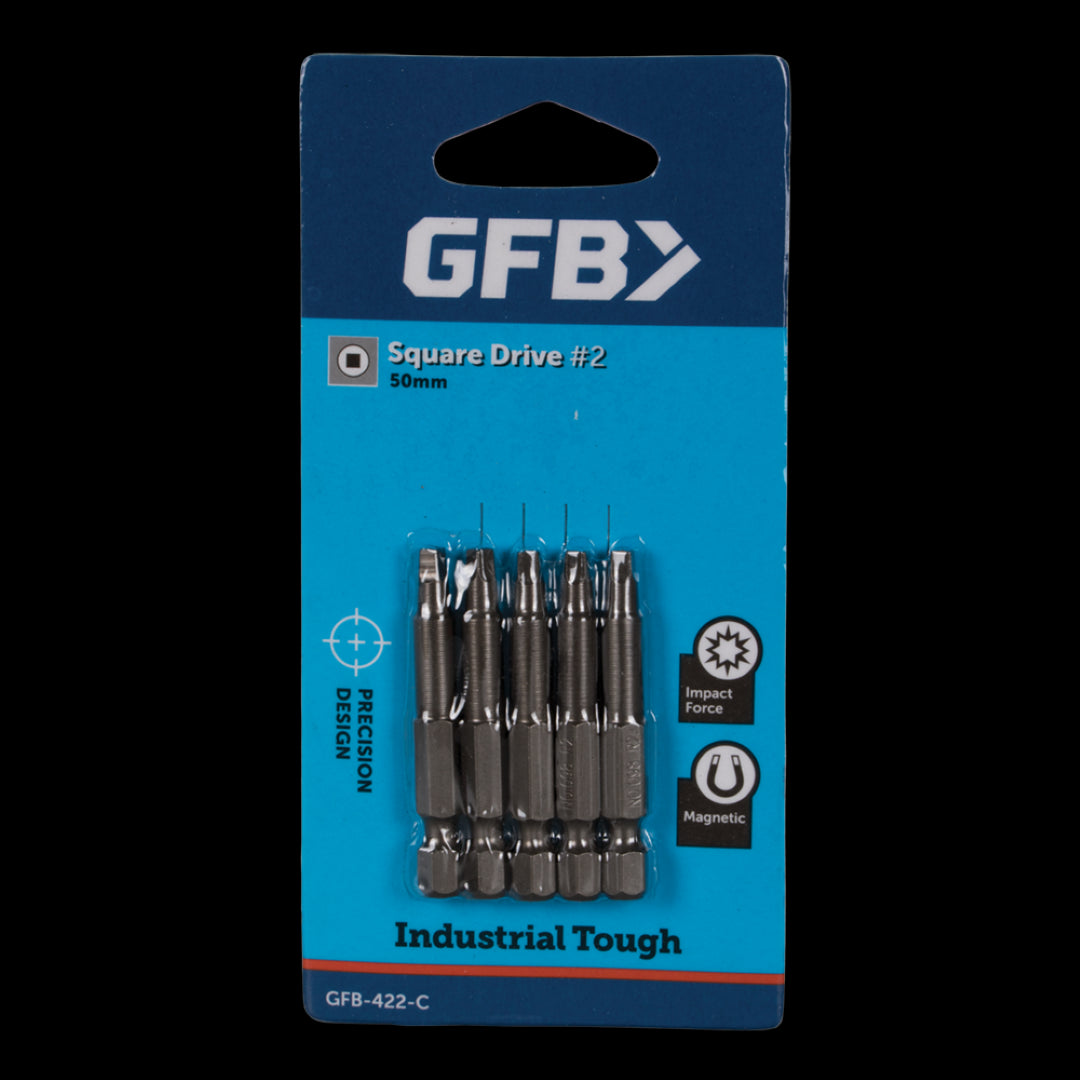 GFB No.2 Square Bit Pack with five durable 50mm bits, ideal for precision in woodworking and electrical work.