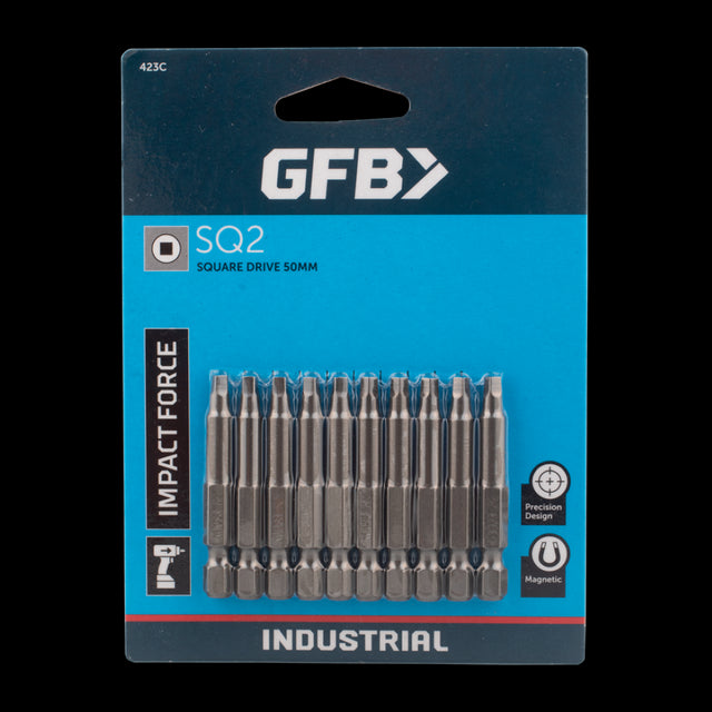 GFB No.2 Square Bit 50mm, 10-pack; durable, precision bits for secure fastening in tight spaces, ideal for professionals and DIYers.