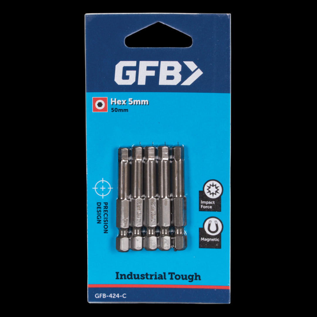 GFB 5mm Hex Drive Set featuring five durable bits for secure fitting and maximum torque, ideal for various repairs and maintenance tasks.