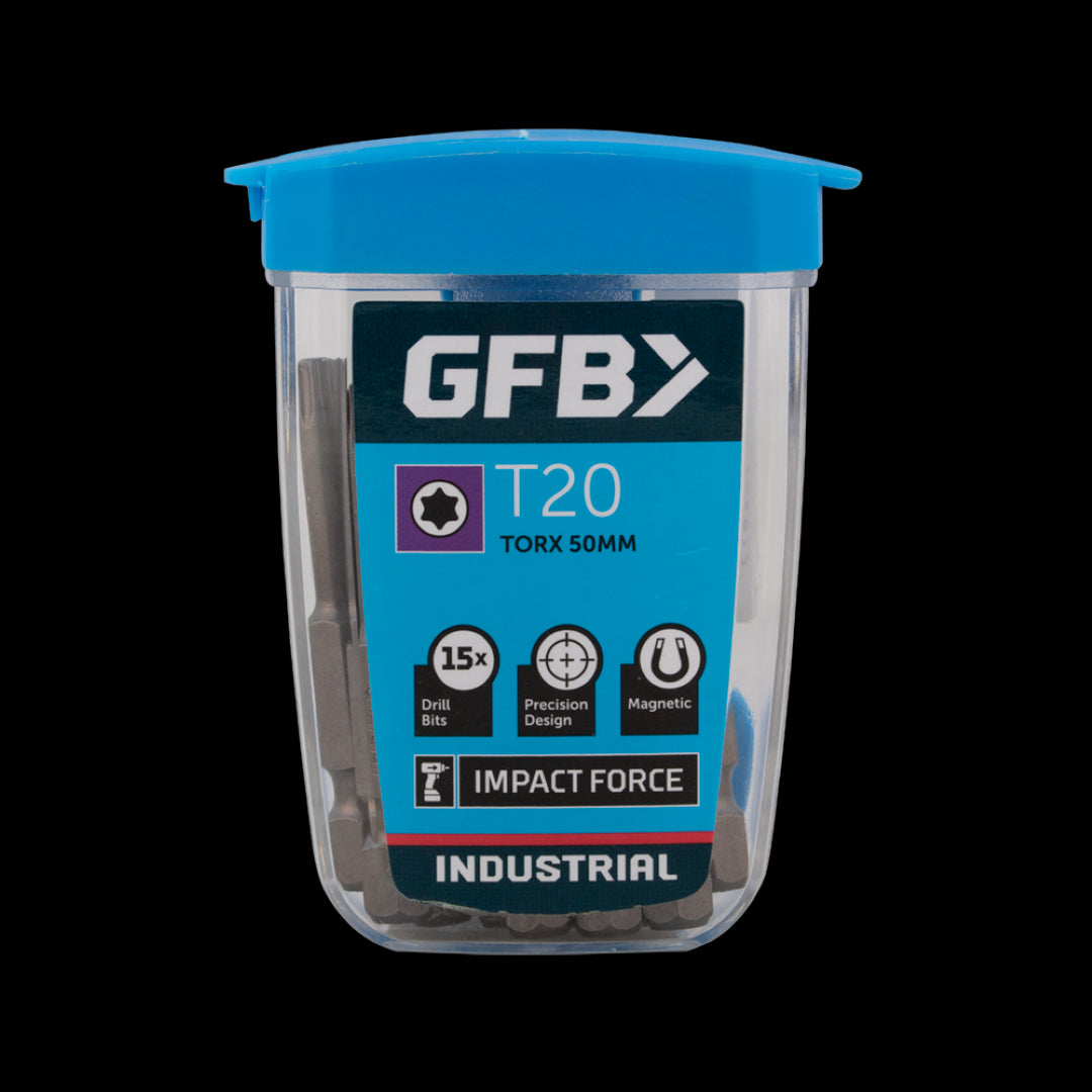 GFB T-20 Torx Bit set of 15, 50mm length, designed for precision and durability in automotive and DIY tasks.