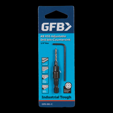 GFB No.8 Countersink & Drill Bit for precise drilling and countersinking in wood, metal, and plastic with smooth screw finishing.