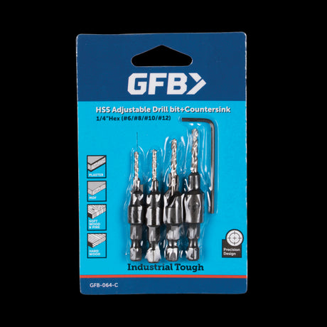 GFB No.6 - No.12 Countersink Bit Set, 4 steel bits for precision countersinking in wood and metal, enhancing project finishes.