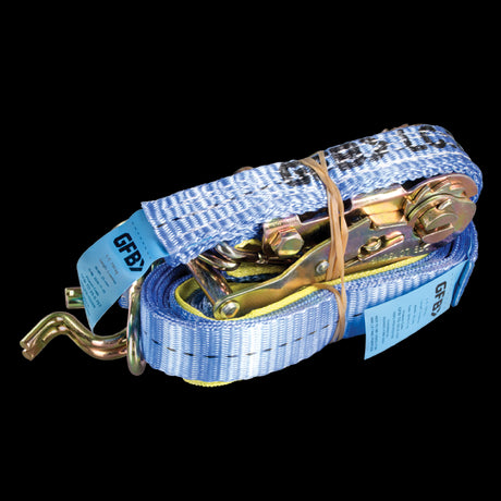 GFB Ratchet Tie Down - 25mm: Heavy-duty strap with steel hooks for secure load transport, compliant with AS/NZS standards.