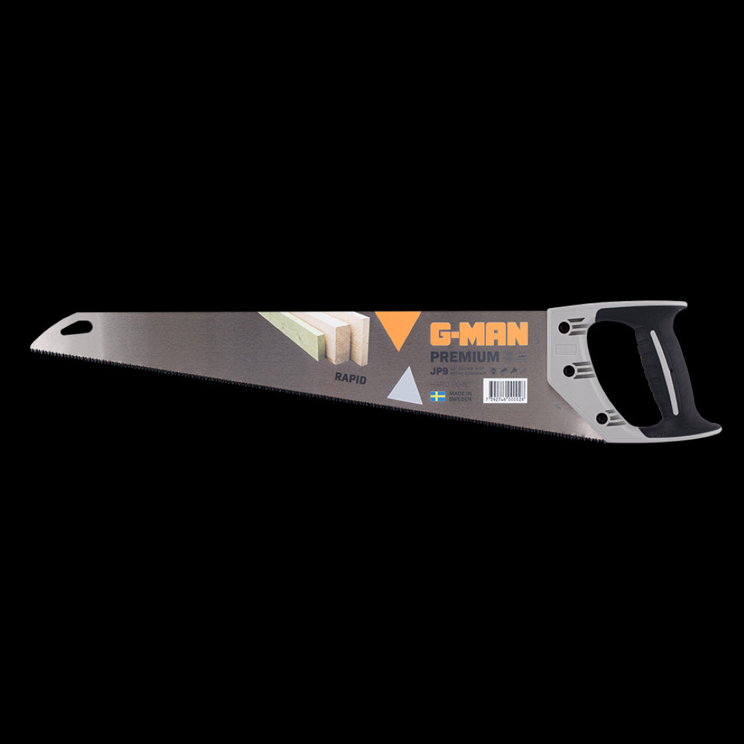 G-MAN 550mm Premium Hand Saw featuring 3-edge toothing, ergonomic handle, and diamond-ground teeth for efficient precision cutting.