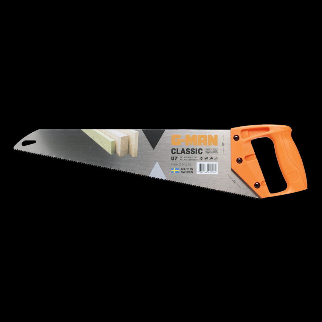 G-MAN 450mm Hand Saw Classic with orange handle, hardpoint teeth, ideal for heavy-duty carpentry and cross-cutting tasks.