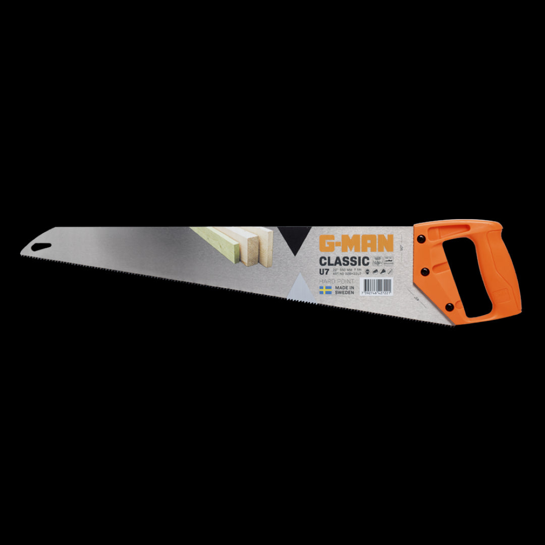 G-MAN 550mm Hand Saw Classic with orange handle, diamond-ground teeth for efficient cross-cutting, crafted in Sweden.