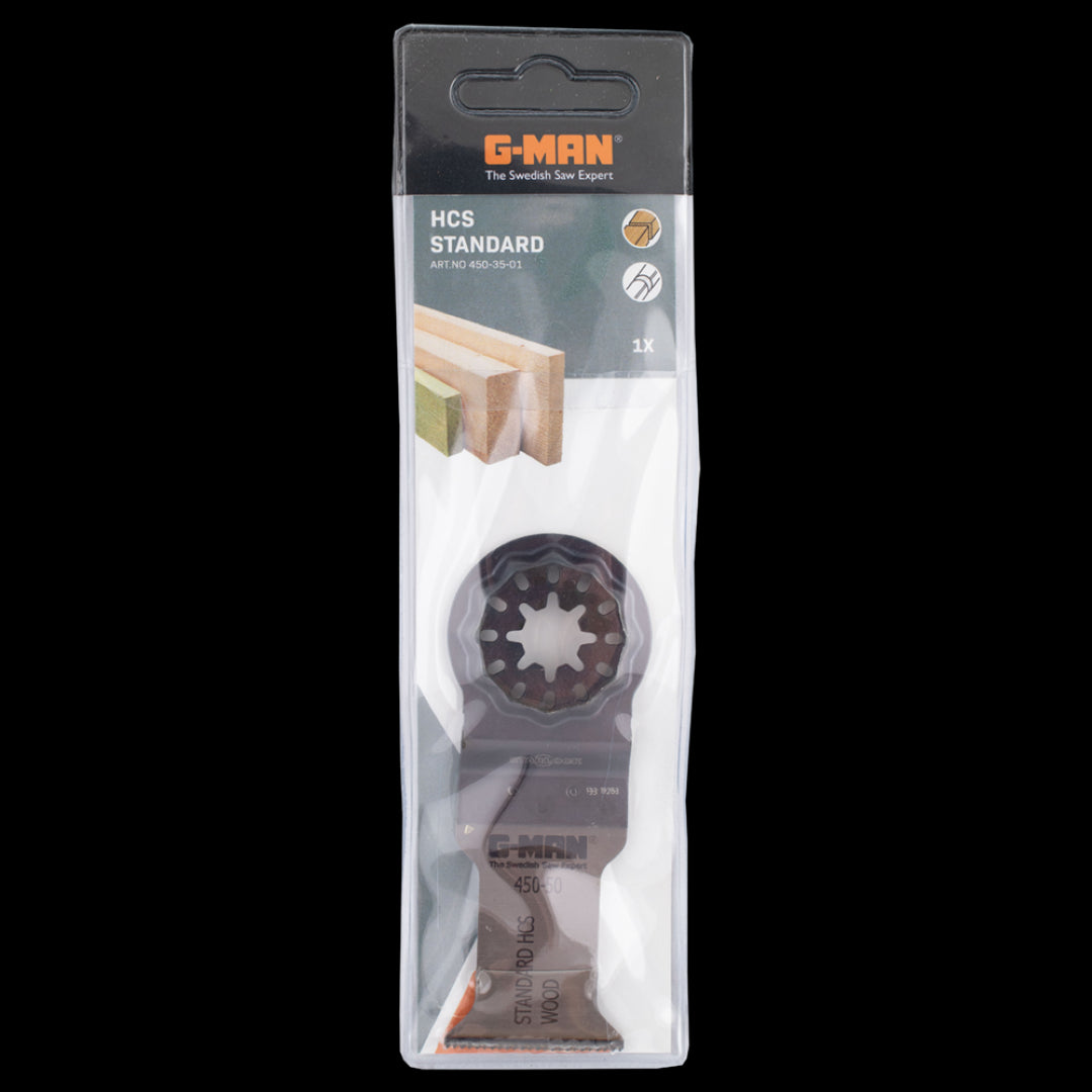 G-MAN Oscillating Saw Blade designed for precise cuts in wood, plastic, and plaster, featuring a narrow HCS blade for fast chip removal.