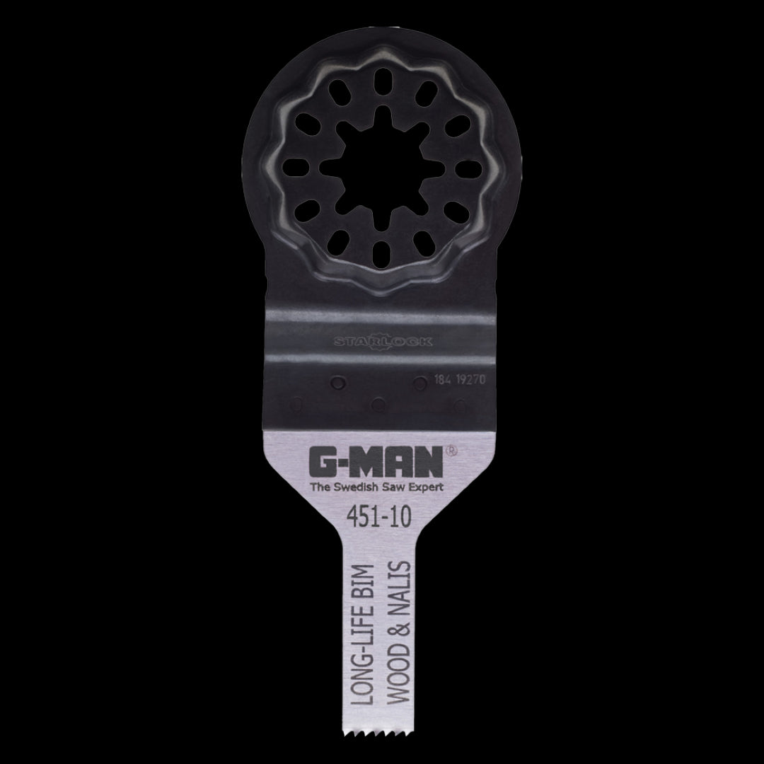 G-MAN Oscillating Saw Blade, a durable BIM blade for precision cutting through wood, nails, plastic, brick, and plaster.