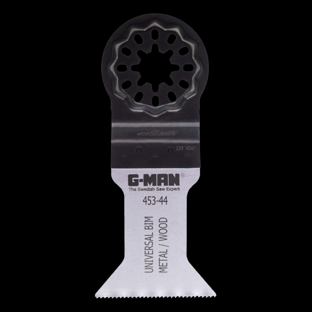 G-MAN Oscillating Saw Blade with wide bi-metal design for clean cuts in wood, plastic, plaster, and thin metals.