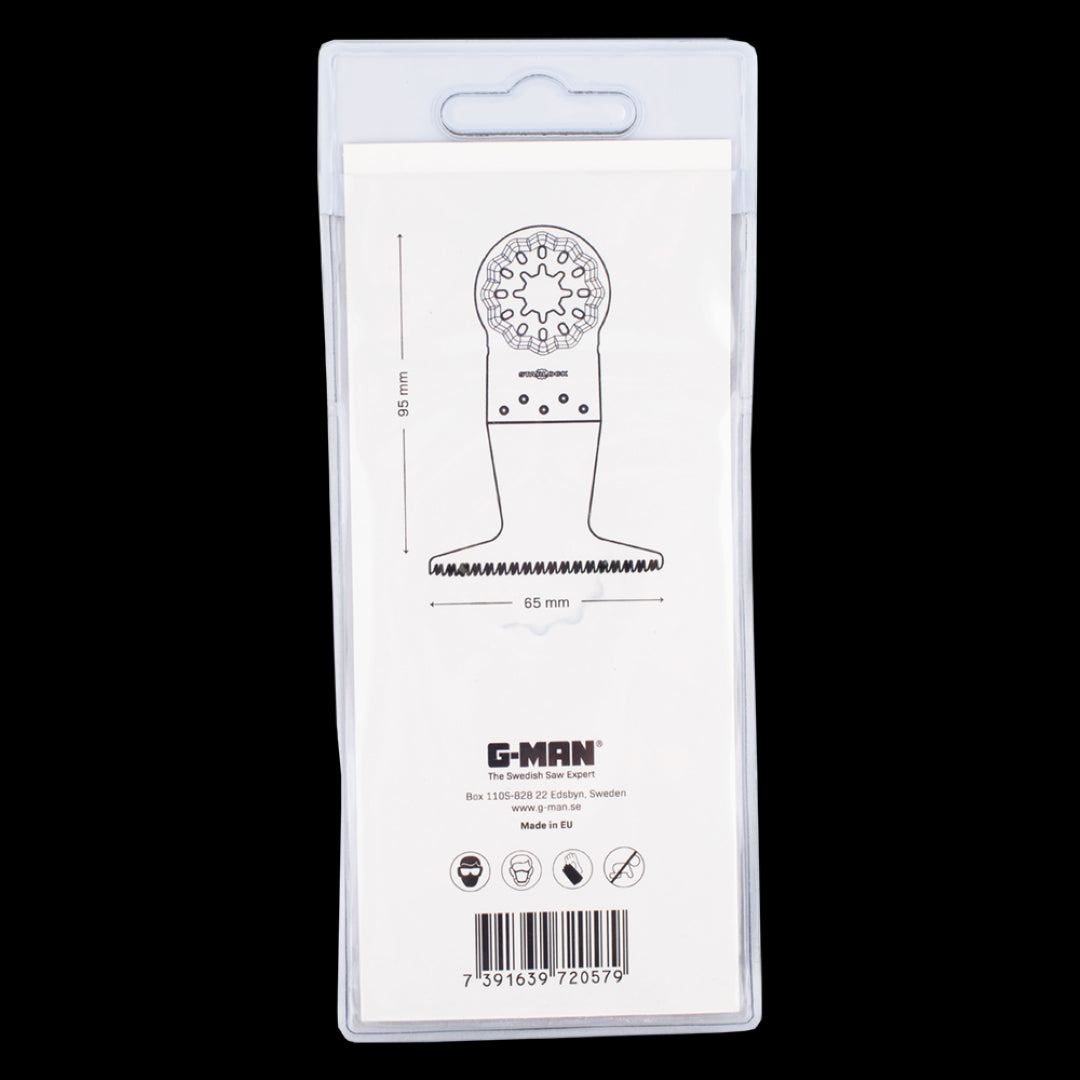 G-MAN Oscillating Saw Blade for precise cutting in wood, plastic, and plaster, crafted from durable high carbon steel.