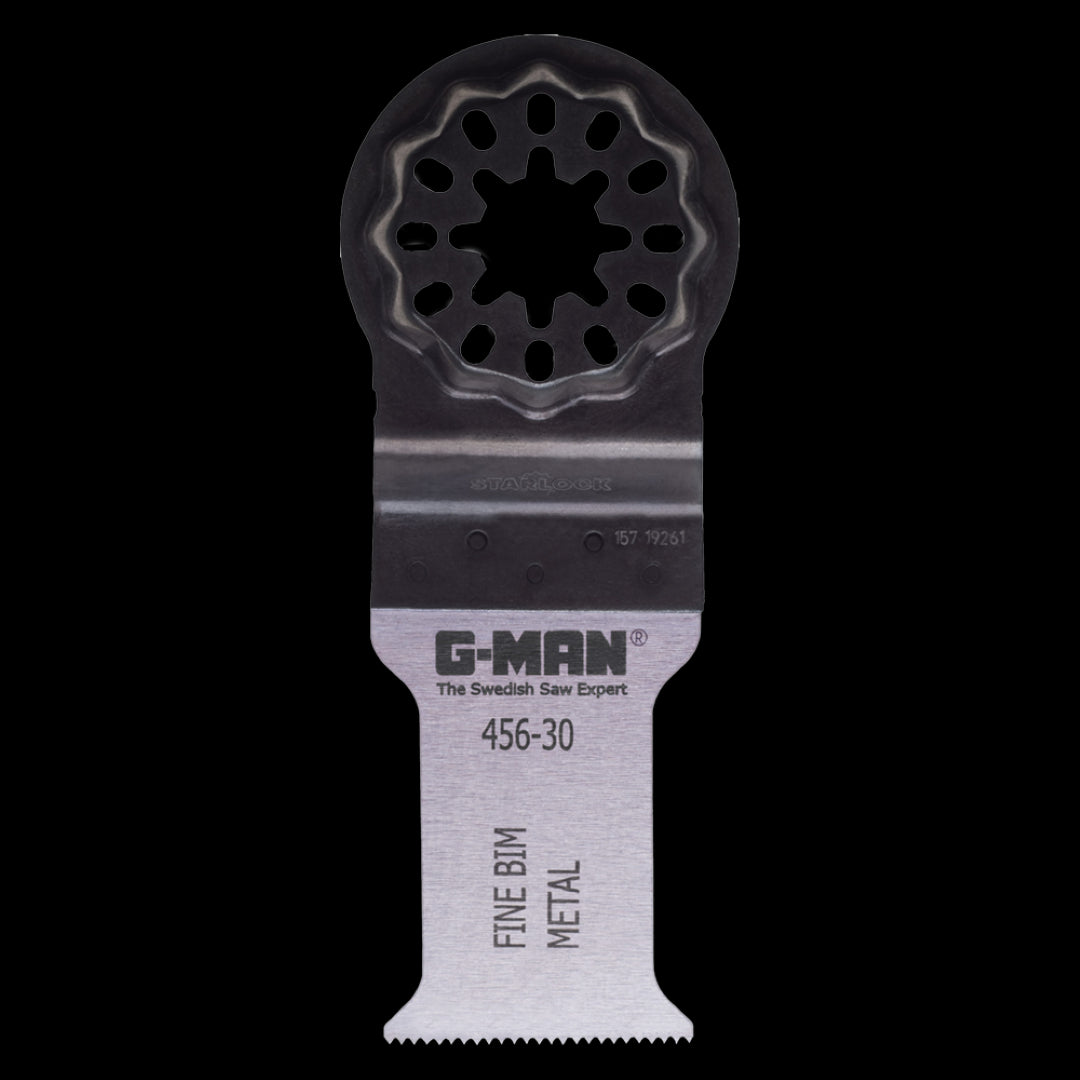 G-MAN Oscillating Saw Blade with fine toothing, designed for precise cuts in aluminum and thin metals, compatible with most multi-tools.