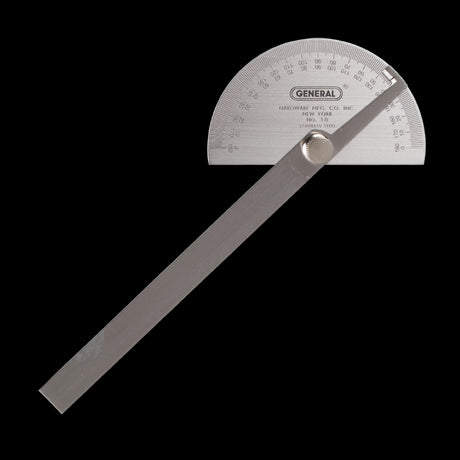 Stainless steel GENERAL Round Head Protractor with a 6-inch adjustable arm, features etched graduations from 0 to 180 degrees.