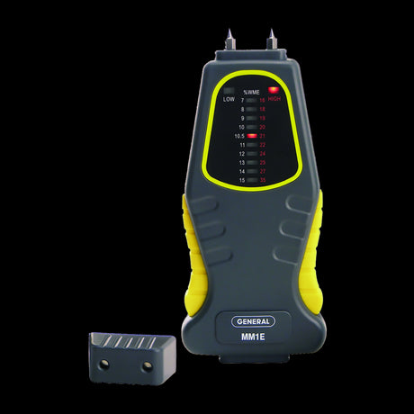 GENERAL Led Moisture Meter displaying dual-range moisture levels for accurate assessment of carpets, wood, concrete, and drywall.