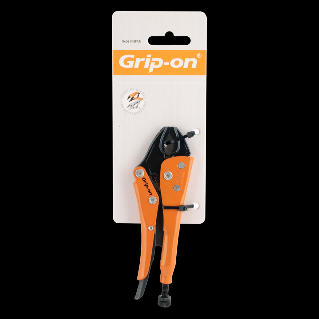 GRIP-ON 145mm locking pliers with curved jaws and wire cutter, ideal for automotive repairs and DIY projects.