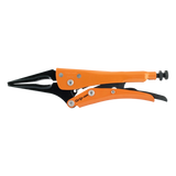 Long nose locking plier with slim jaw, curved gripping section, ergonomic design, and superior corrosion-resistant finish.