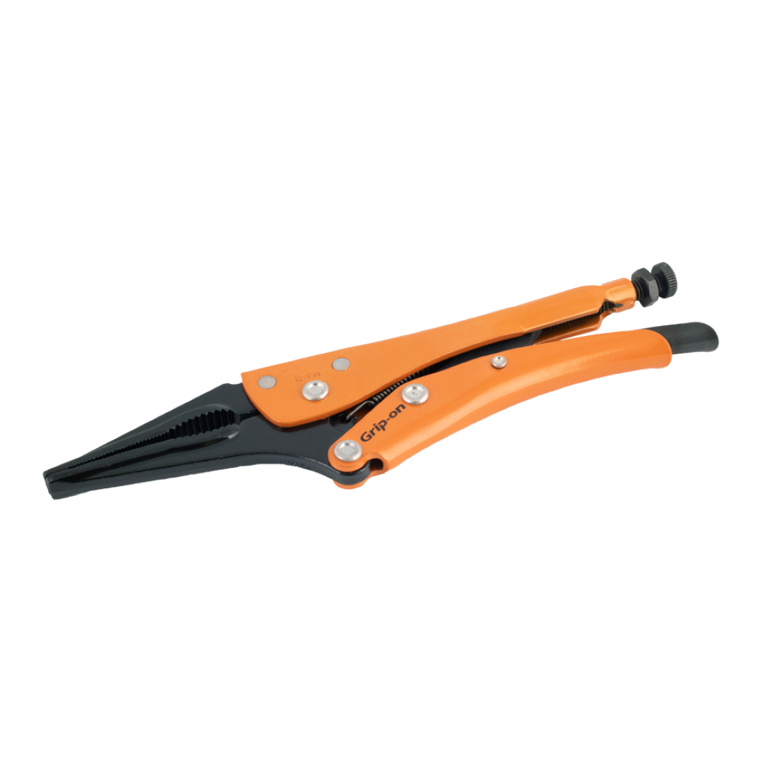 Long nose locking plier with slim jaw design, curved grip, and ergonomic handle for precision and versatility in tight spaces.