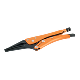 Long nose locking plier with slim jaw design, curved grip, and ergonomic handle for precision and versatility in tight spaces.