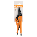 GRIP-ON 230mm Long Nose Locking Plier features a slim jaw for tight spaces, ergonomic design, and corrosion-resistant epoxy coating.