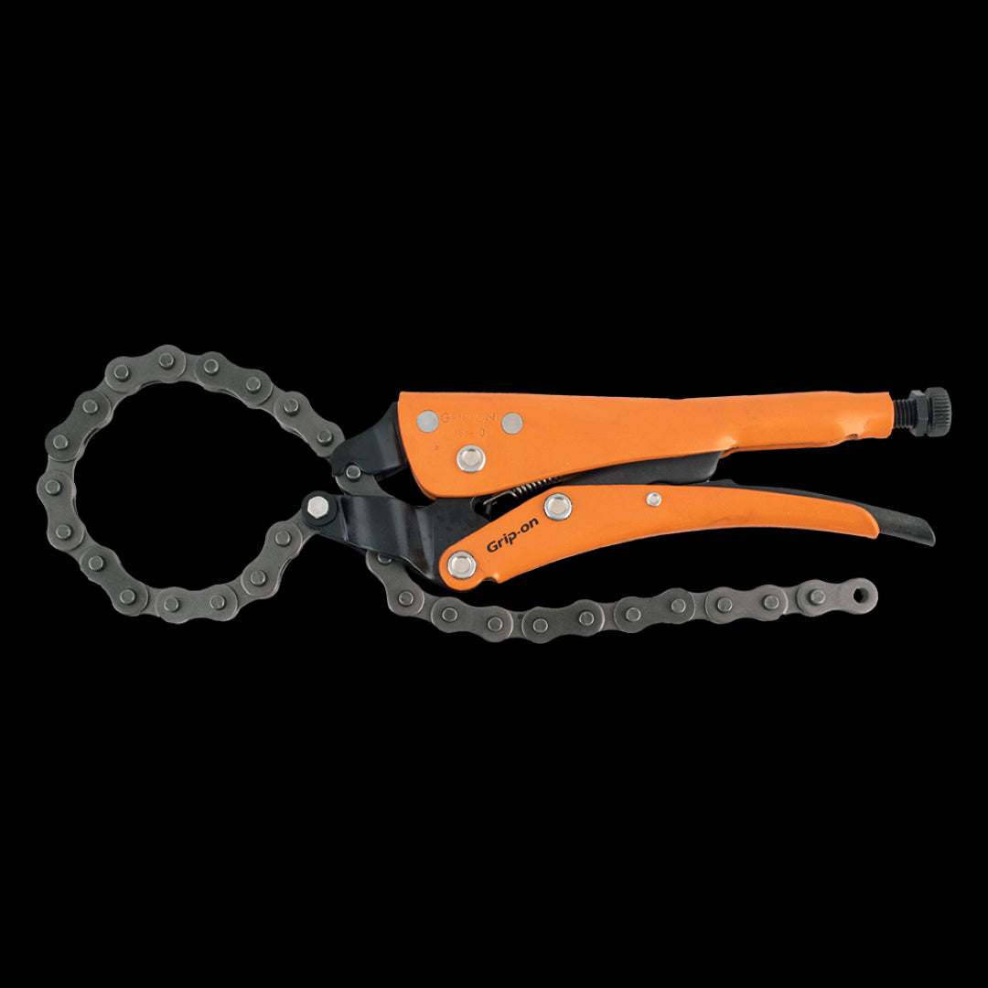 GRIP-ON 250mm Locking Chain Clamp with heat-treated chain, adjustable jaws, and ergonomic design for securing irregular shapes.