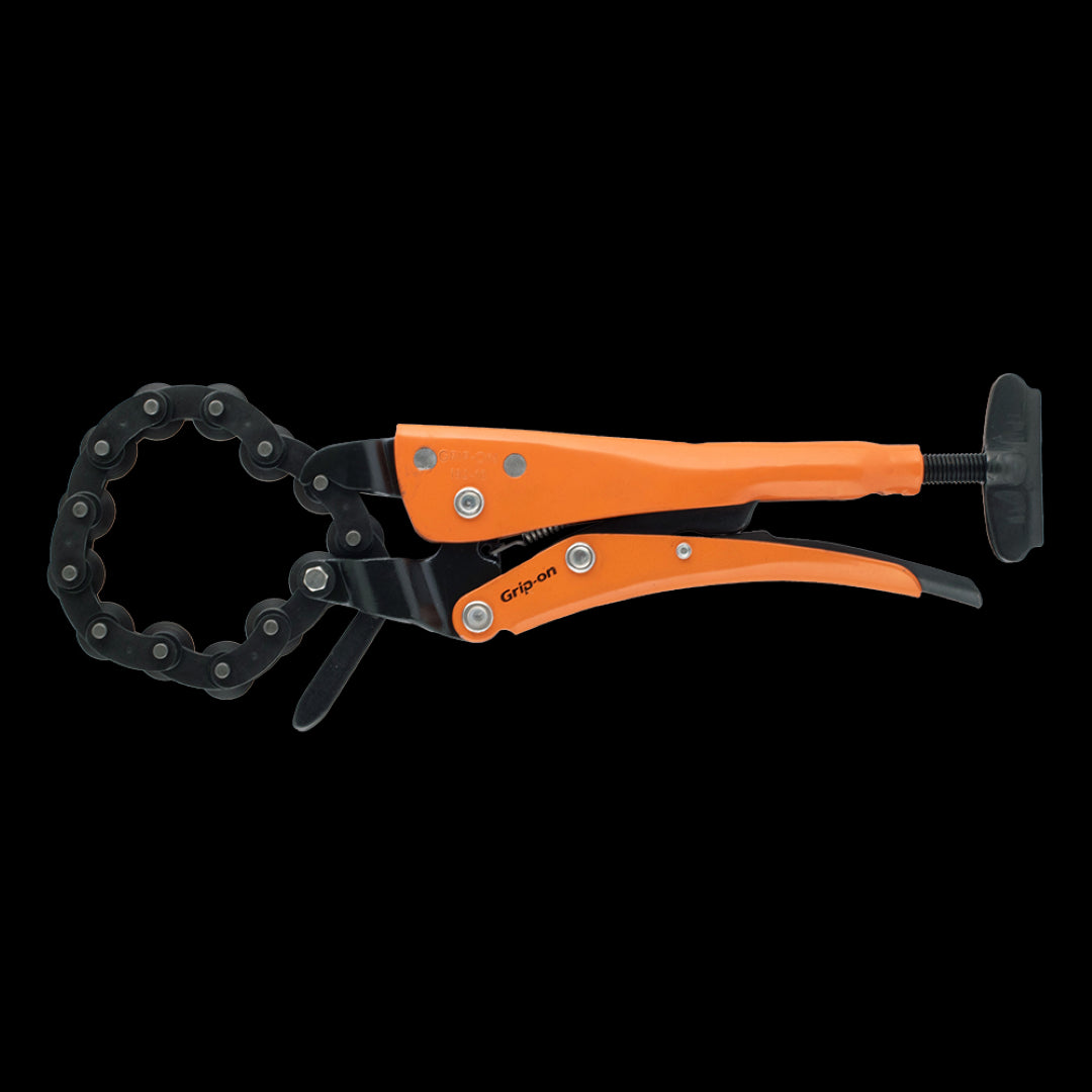 GRIP-ON 250mm Chain Pipe Cutter with ratcheting mechanism for precise cuts on steel, copper, and PVC pipes up to 2.6mm.