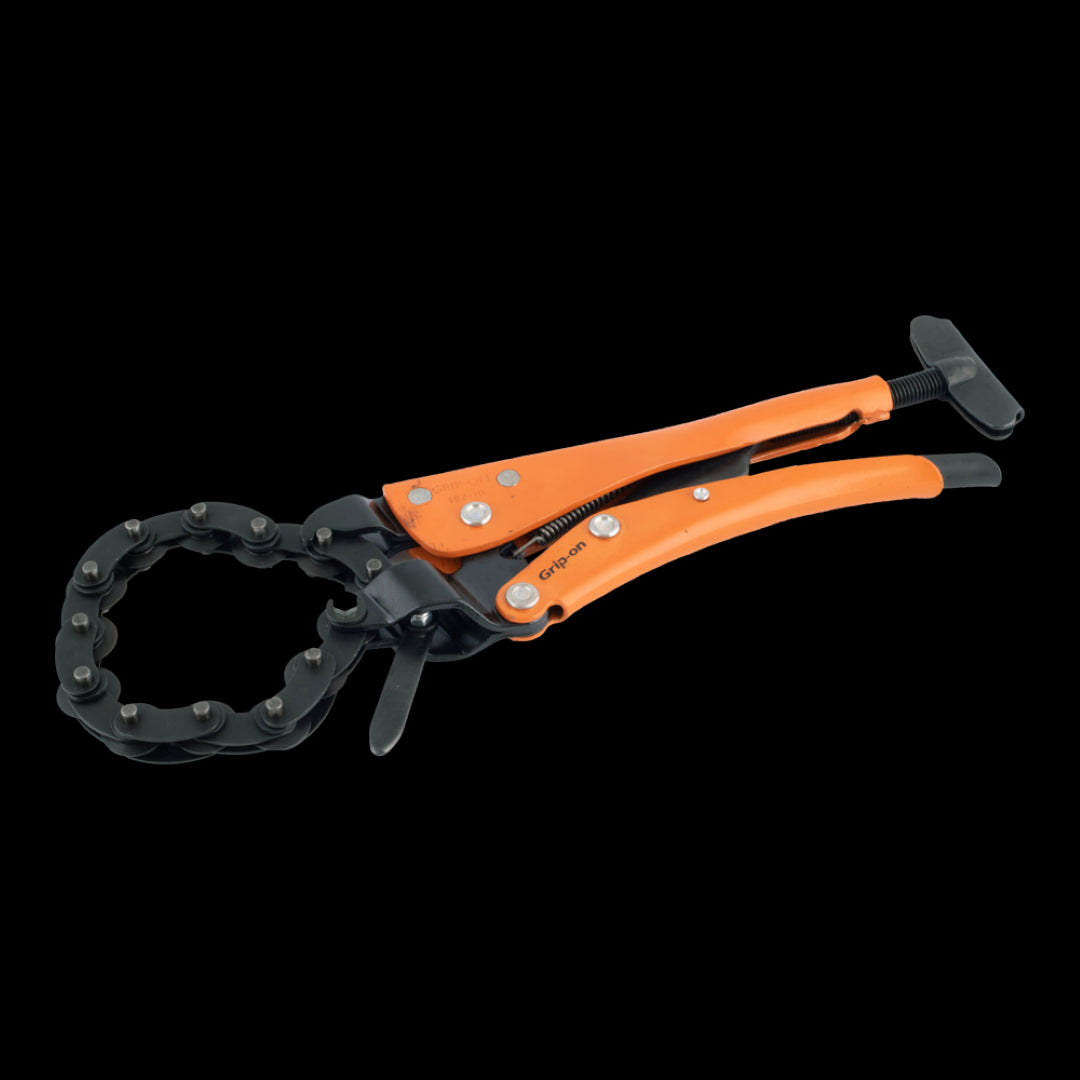 Durable GRIP-ON 250mm Chain Pipe Cutter with ergonomic design for precise cutting of steel, copper, and PVC pipes up to 2.6mm.