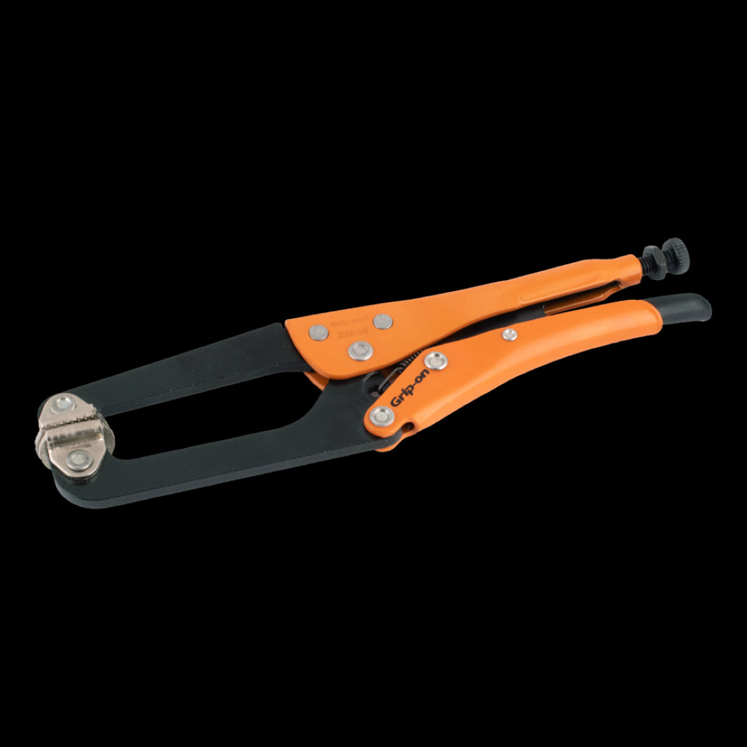 GRIP-ON 195mm Self-leveling Jaw Clamp features a narrow jaw, knurled pads, and ergonomic design for hands-free metal and frame work.