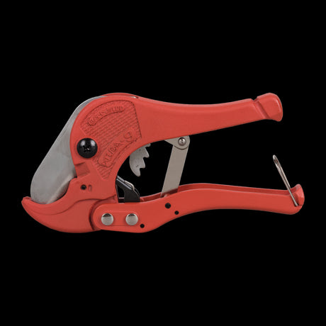 Bright red STANWAY PVC Pipe Cutter designed for precise cutting of pipes 6mm to 42mm, featuring a heat-treated blade and safety lock.