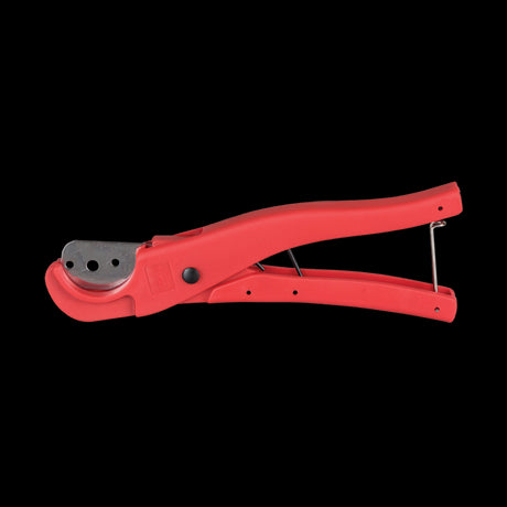 STANWAY Soft PVC Pipe Cutter in bright red, designed for precise cutting of soft pipes from 12mm to 32mm with a safety lock.