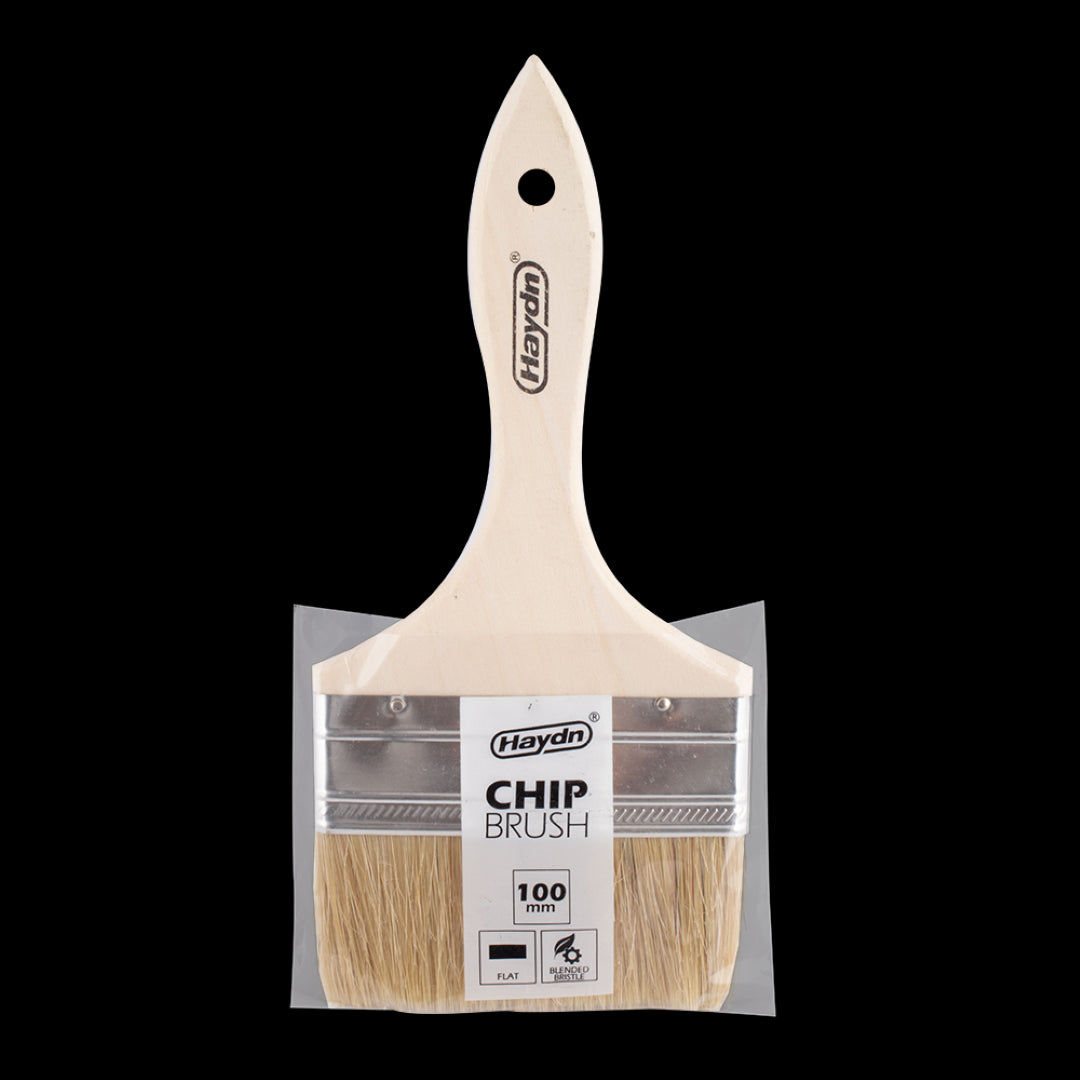 HAYDN 100mm Chip Brush with blended bristles, ergonomic handle, and stainless steel ferrule for precise solvent applications.