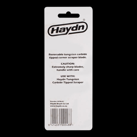 HAYDN 14mm Corner Scraper Blade with tungsten carbide tip for precision scraping in hard-to-reach corners of wooden surfaces.