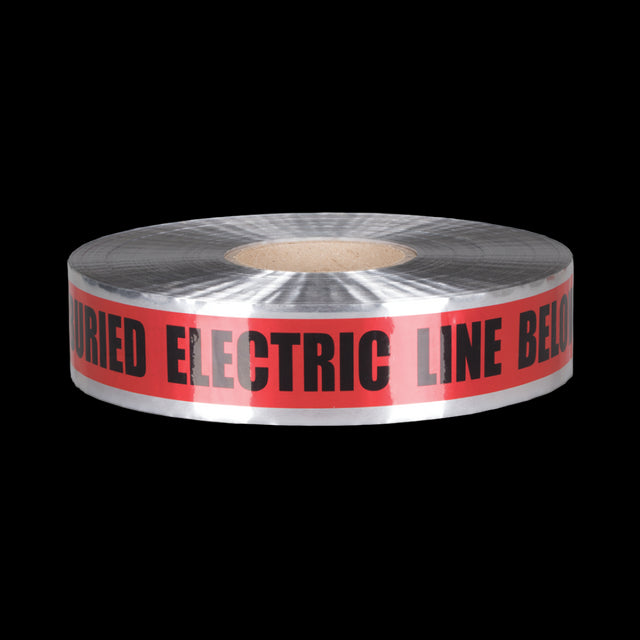 High-visibility red warning tape for marking buried electric lines, featuring bold black text "Caution: Buried Electric Line Below."