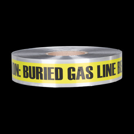 High-visibility yellow gas line warning tape, 333m long, warns of buried gas lines with bold black text.