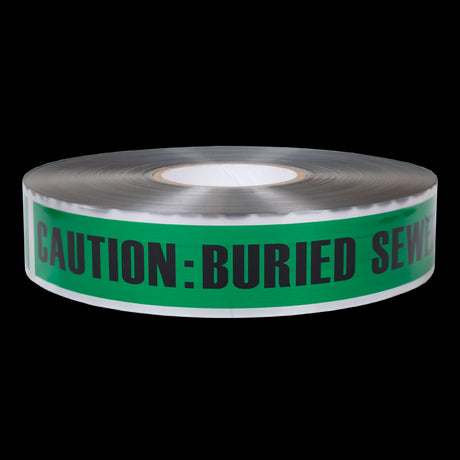 High-visibility green warning tape for identifying buried sewer lines, 333m long with bold black text for safety during excavations.