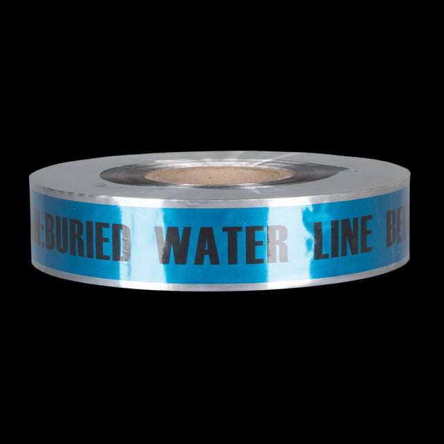 High-visibility blue warning tape with bold black text, designed to indicate buried water lines for excavation safety.