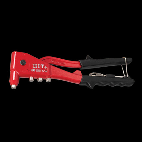 HIT Hand Rivet Tool with ergonomic design, spring-handle, and 4 interchangeable nose pieces for versatile riveting tasks.