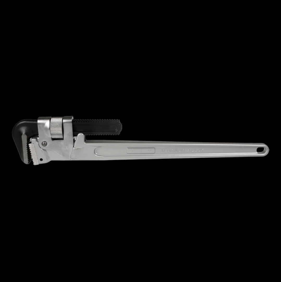 Lightweight 600mm aluminium pipe wrench, 40% lighter than cast iron, with forged jaws and precise adjusting nut for efficient plumbing.