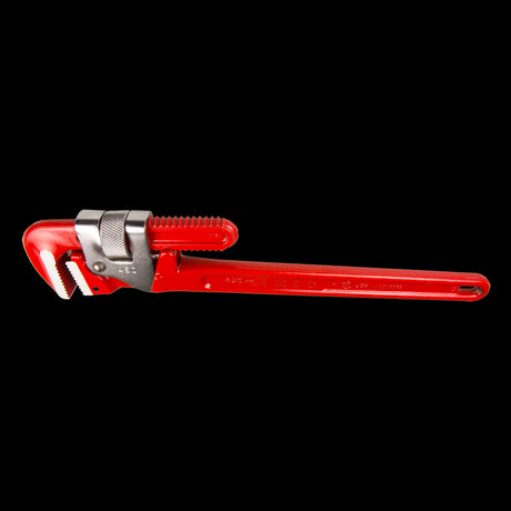 HIT 450mm Drop Forge Steel Pipe Wrench with forged steel, full floating jaws, and quick-grip spring mechanism for plumbing tasks.
