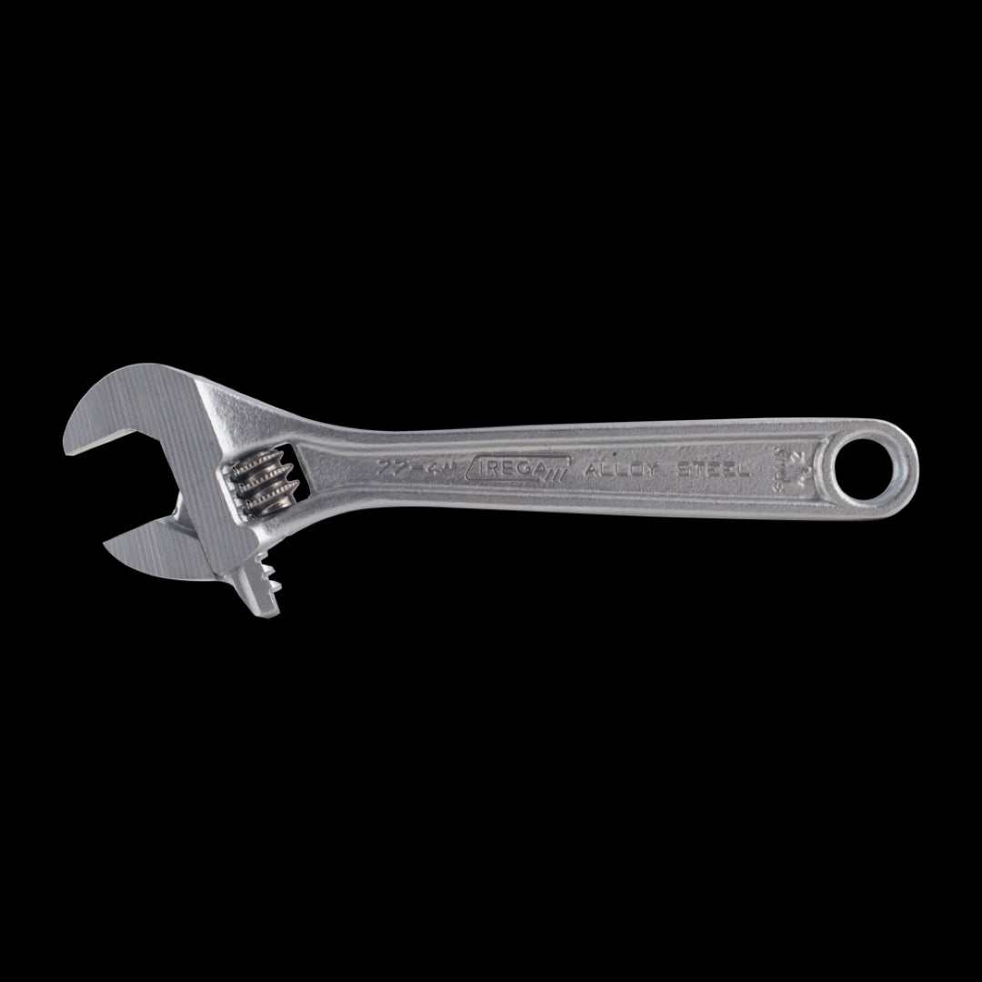 IREGA Adjustable Wrench in chrome alloy steel with ergonomic handle, precision-ground jaw slides, and rust-resistant finish.