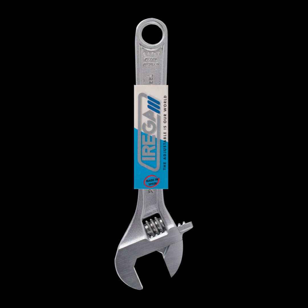 IREGA Adjustable Wrench showcasing ergonomic handle, precision jaws, and chrome finish for durability and rust resistance.