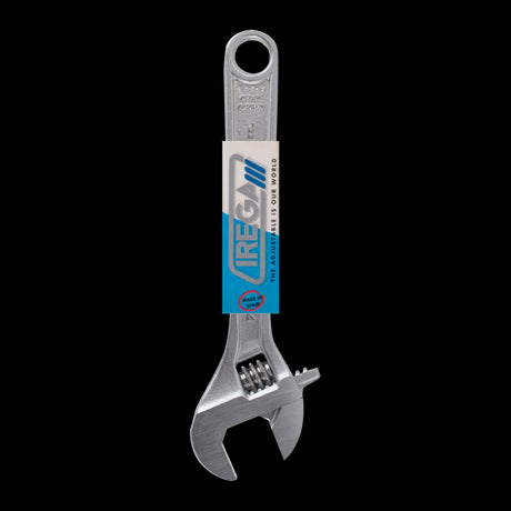 IREGA Adjustable Wrench showcasing ergonomic handle, precision jaws, and chrome finish for durability and rust resistance.