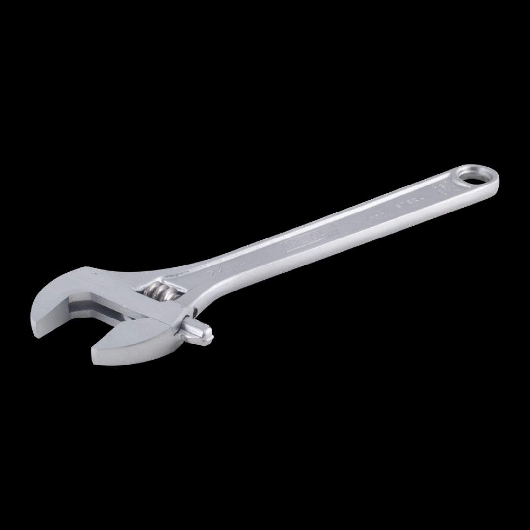 Adjustable wrench with ergonomic handle, chrome alloy steel finish, and precision jaws for superior grip, measuring 250mm.