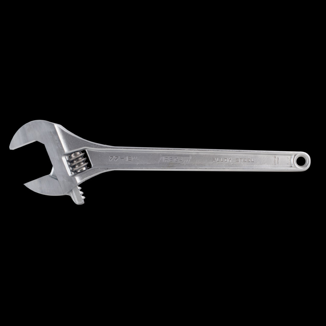 IREGA Adjustable Wrench (450mm), chrome alloy steel, ergonomic handle, precision grip for nuts, double security system, rust-resistant finish.