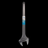 Heavy-duty adjustable wrench made of chrome vanadium steel, 750mm long with 78mm jaw opening, ideal for industrial use.