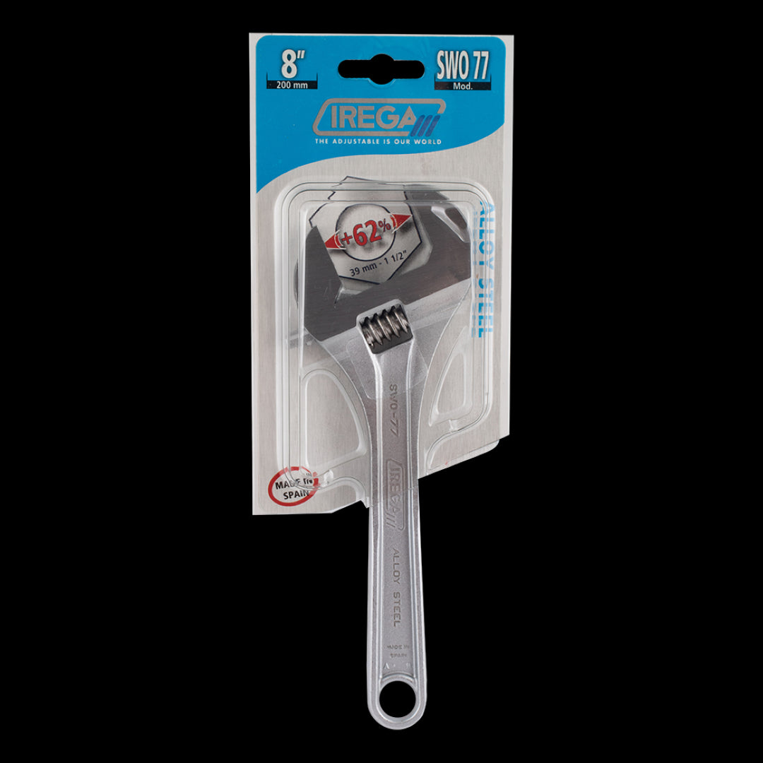 Super wide opening adjustable wrench with 200mm length and 39mm jaw capacity, ideal for plumbing and tight spaces.