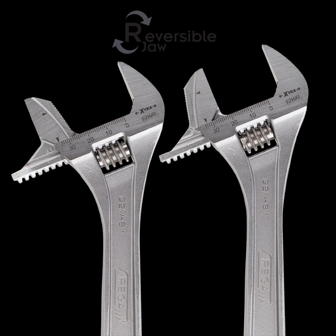 IREGA Reversible Jaw Adjustable Wrench featuring dual scales, Chrome Vanadium Steel, and ergonomic design for versatile use.