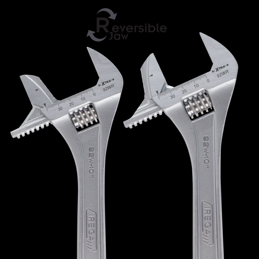 Reversible jaw adjustable wrench made from Chrome Vanadium Steel, ideal for larger nuts and pipes, featuring dual measurement scales.