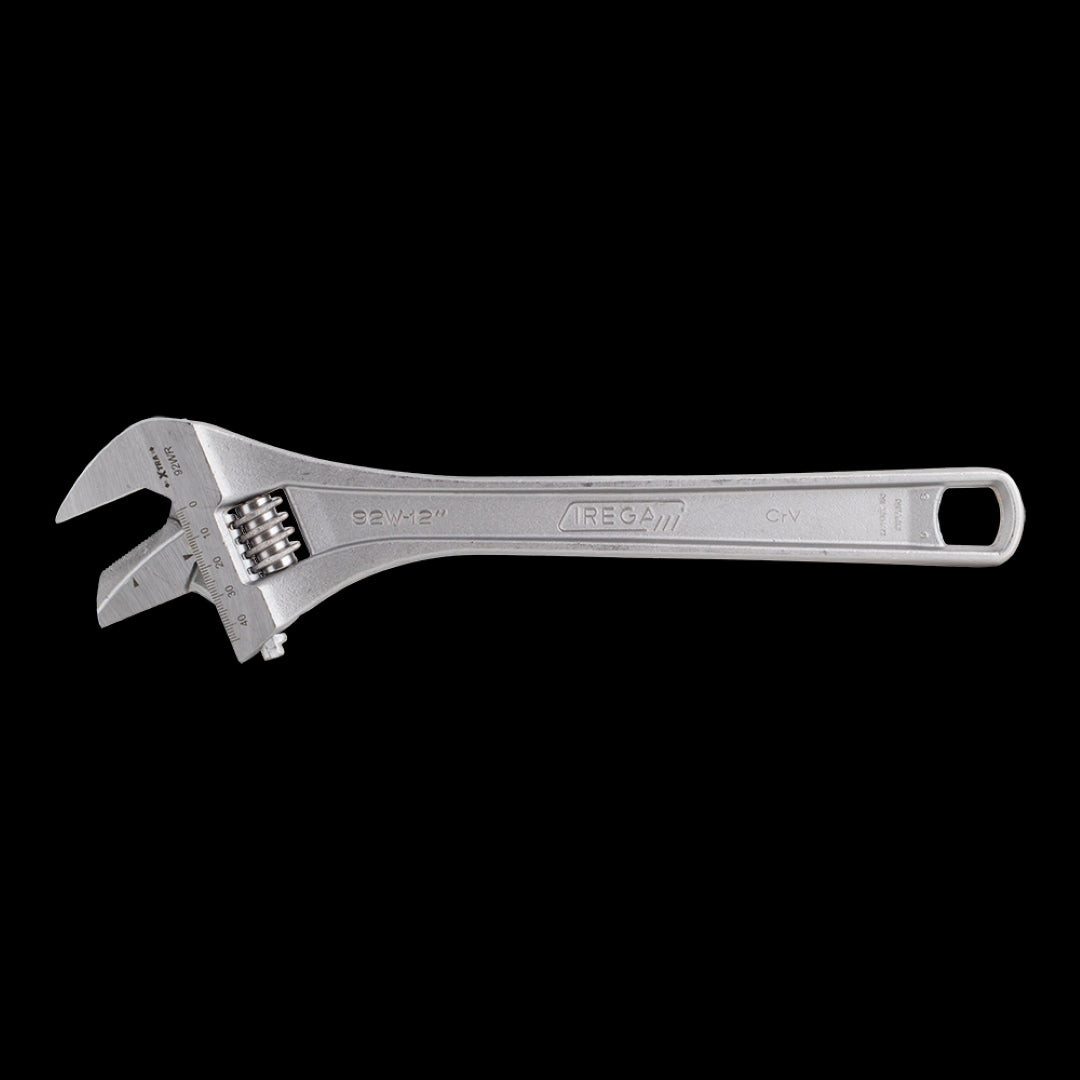 IREGA Reversible Jaw Adjustable Wrench: 300mm tool with ergonomic design and dual scale, perfect for large nuts and pipes.