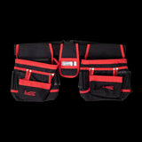 Durable tool pouch and belt with multiple pockets, hammer loops, and a tape holder for efficient organization and comfort.